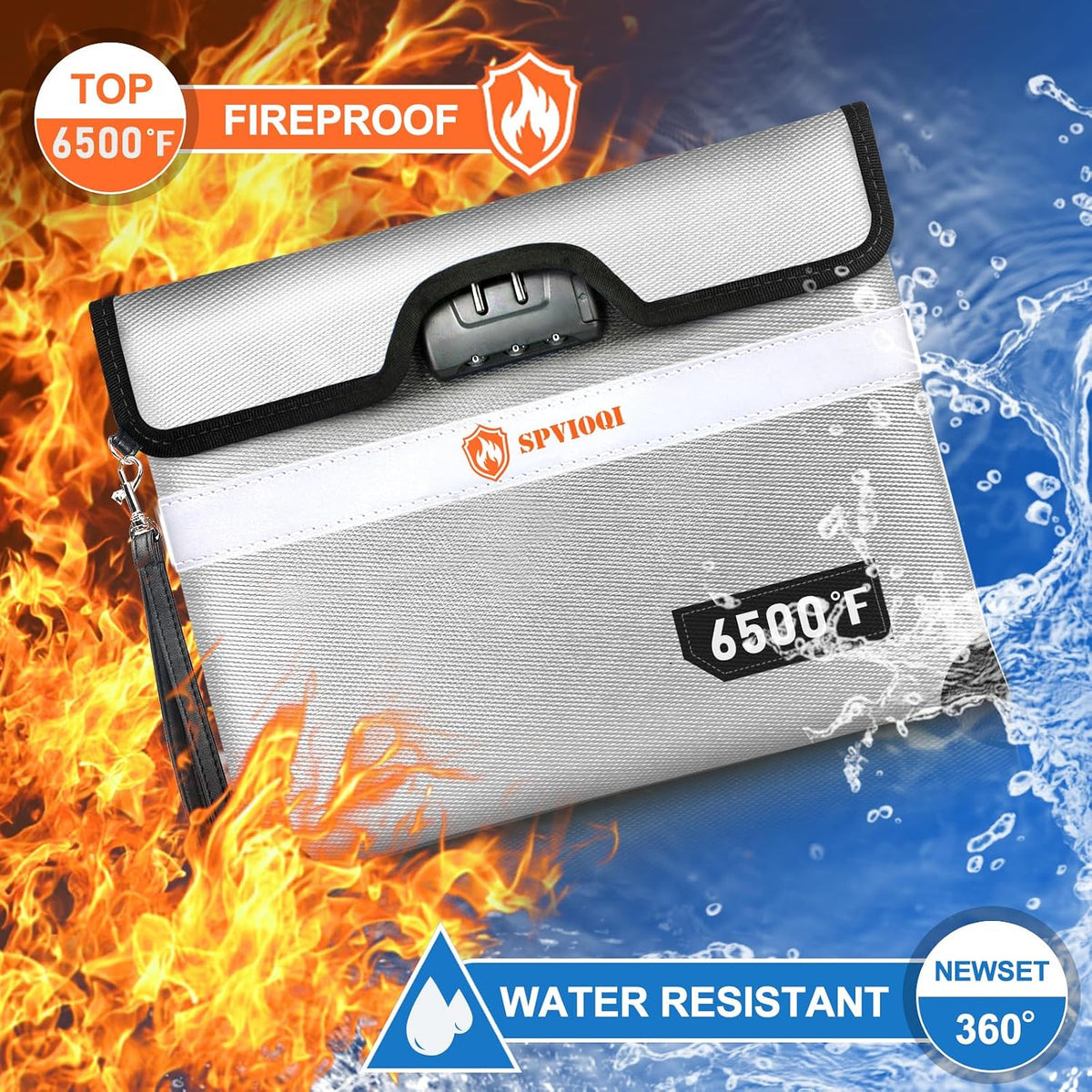 6500°F Upgraded Fireproof Document Bag with Lock, Fire proof Money Bag for Cash w. Zipper/Reflective Strip, 10 Layers of Heat Insulated Materials, Water Resistant Fireproof Bag for Documents, Fire Bag
