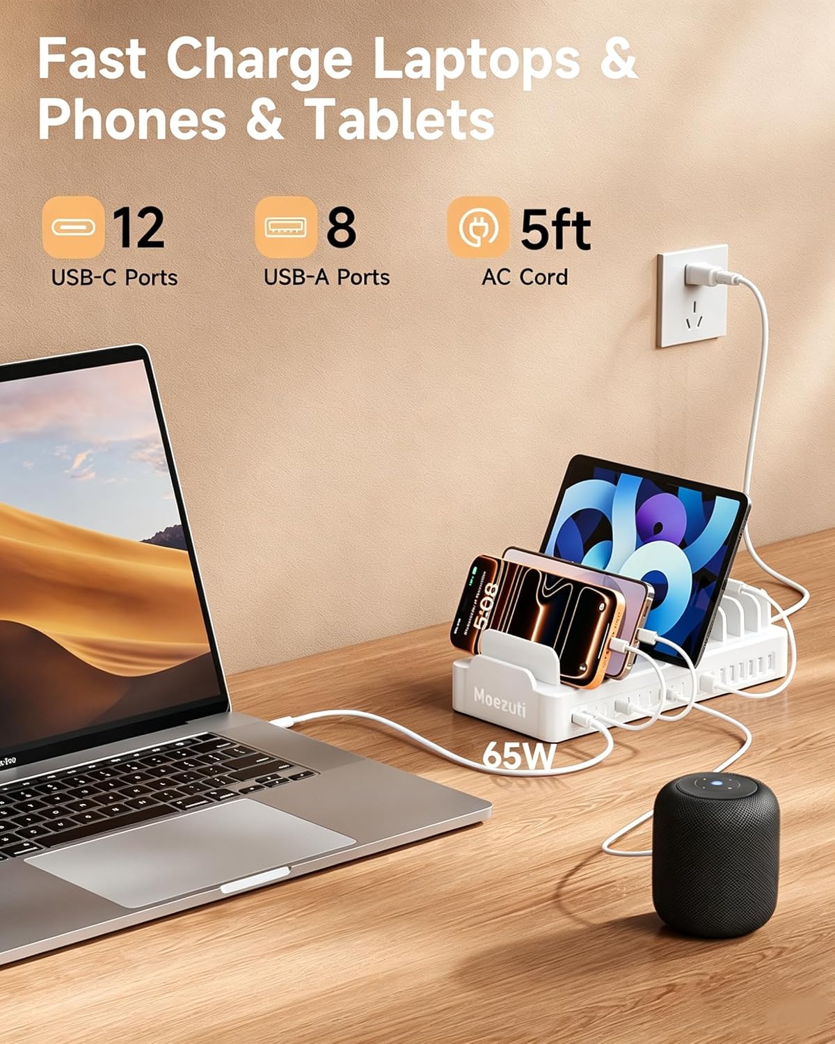 20-Port 600W Moezuti Charging Station for Multiple Devices with 10 Cables