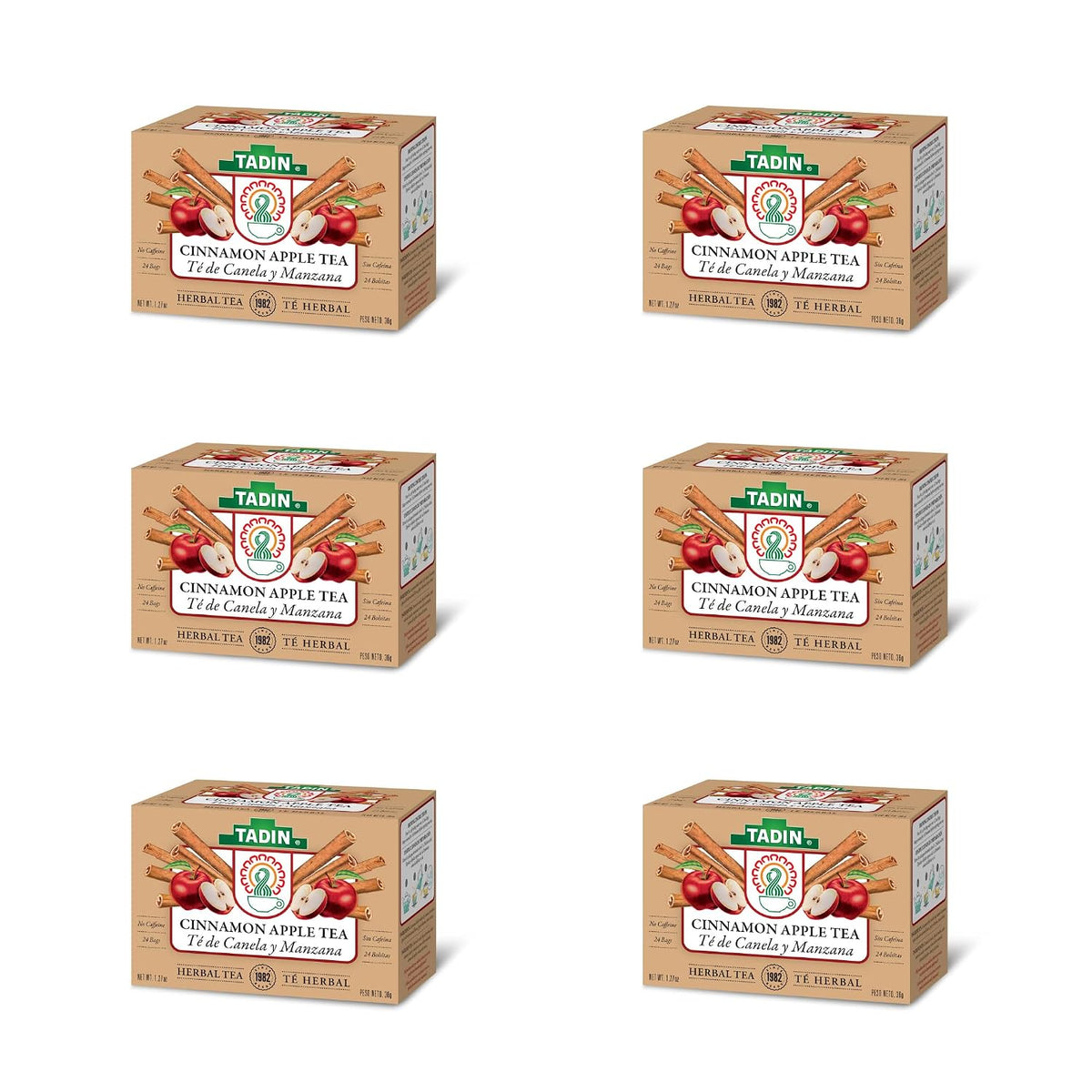 Tadin Cinnamon Apple Herbal Tea, Caffeine Free, Decaf, 24 Tea Bags, Pack of 6