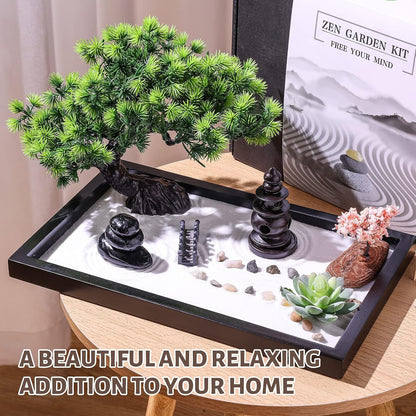 Zen Garden Kit for Desk Decor - Premium Beautiful Japanese Mini Sand Box Set Home, Office with Black Wooden Tray, White Sand, Rake Tools Desktop Meditation, Therapy and Accessories