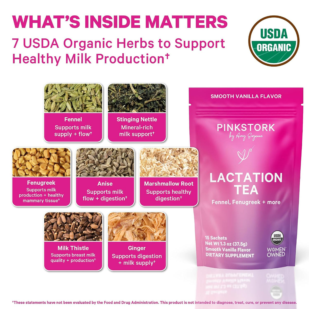 Pink Stork Organic Lactation Tea, Smooth Vanilla, Caffeine-Free, 15 Sachets