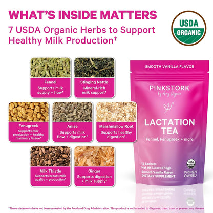 Pink Stork Organic Lactation Tea, Smooth Vanilla, Caffeine-Free, 15 Sachets