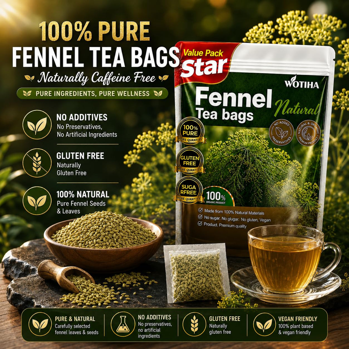 WOTIHA 90 Count Organic Premium Fennel Tea Bags - 100% Natural & Pure Herbal Tea, Supports Digestion & Reduces Bloating, Caffeine-Free, Sugar-Free, Gluten-Free, Vegan.Non-GMO