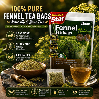 WOTIHA 90 Count Organic Premium Fennel Tea Bags - 100% Natural & Pure Herbal Tea, Supports Digestion & Reduces Bloating, Caffeine-Free, Sugar-Free, Gluten-Free, Vegan.Non-GMO