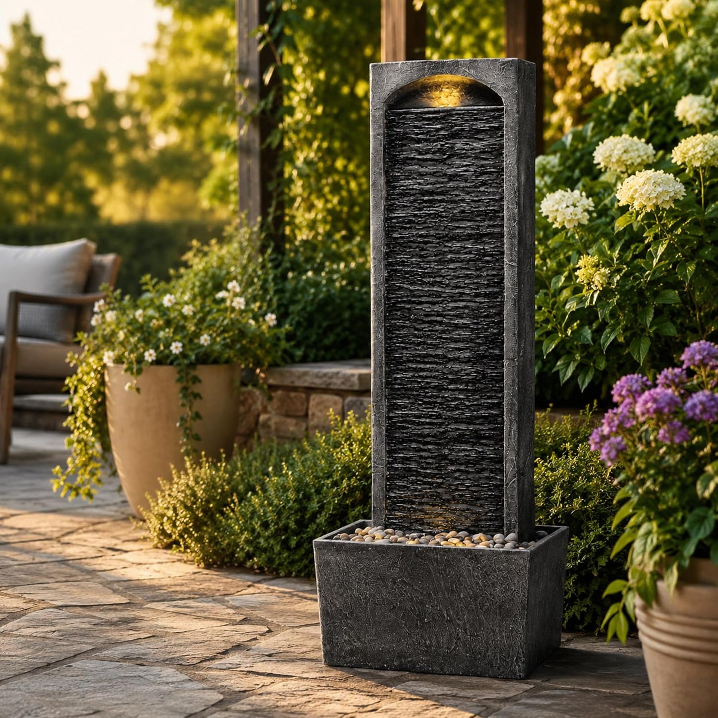 Teamson Home 38.58 in. Modern Curved Faux Slate Waterfall Fountain for Indoors or Outdoors with LED Light Accents and 1.98-Gallon Pump, Black and Stone Gray | Freestanding Floor Garden Waterfall, LED Lights, Weatherproof Polyresin, For Patio & Yard