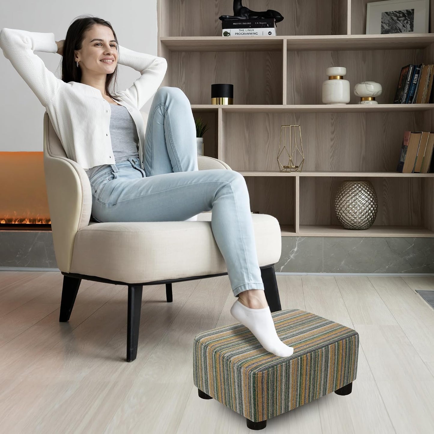 CAROLMADE Small Foot Stool Ottoman Footstool with Legs Under Desk Footrest for Living Room Bedroom and Office,Linen-Grey