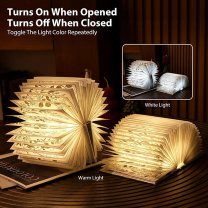 Book Lover Gift, Folding Book Lamp Decor, Portable Print Book Light | 1200mAh Rechargeable Night Light, Paper Desk Lamp, Reading Bookshelf Lamp, Gift for Women & Readers & Christmas (Black）