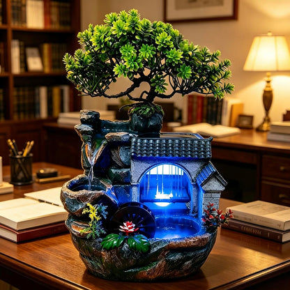 Mini Artificial Bonsai Tree Waterfall Fog Feature Rock Tabletop Fountain | 11in Desktop Decor Waterfall Fountain W/ Water Pump& Atomizer&LED Lights &Fake Tree Office Bedroom Relax