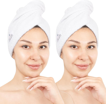 American Soft Linen 100% Cotton Hair Towels for Women, Head Towel Cap, Cotton Hair Turban Towel Wrap for Long Curly Anti Frizz Hair, Soft and Absorbent Cotton Hair Towels 2 Pack, White