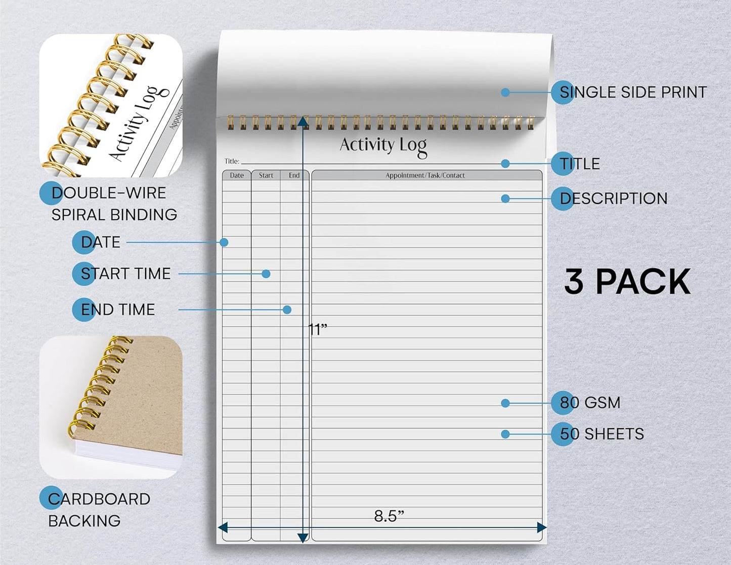 Better Office Products Activity Log Notepad, 8.5" x 11", Planning Note Pad, 50 Sheets, Double-Wire Spiral, Daily Time Tracking Productivity Checklist Organizer,(1 Pack)