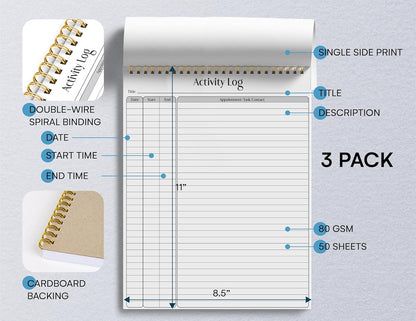 Better Office Products Activity Log Notepad, 8.5" x 11", Planning Note Pad, 50 Sheets, Double-Wire Spiral, Daily Time Tracking Productivity Checklist Organizer,(1 Pack)