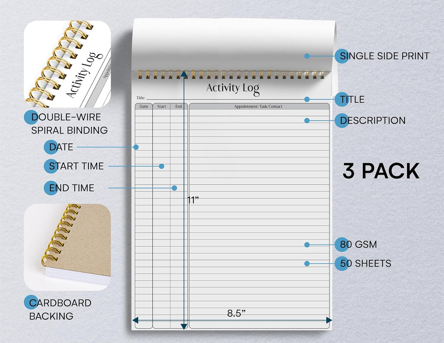 Better Office Products Activity Log Notepad, 8.5" x 11", Planning Note Pad, 50 Sheets, Double-Wire Spiral, Daily Time Tracking Productivity Checklist Organizer,(1 Pack)