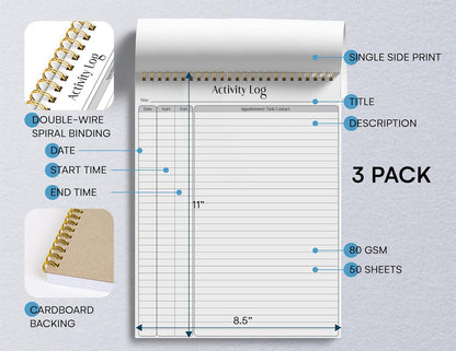Better Office Products Activity Log Notepad, 8.5" x 11", Planning Note Pad, 50 Sheets, Double-Wire Spiral, Daily Time Tracking Productivity Checklist Organizer,(1 Pack)