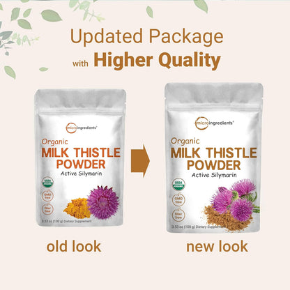 Organic Milk Thistle Tea Powder, 3.5 ounces | Up to 400 Servings | Premium Milk Thistle Liver Detox Supplement | Contains 80% Active Silymarin | Non-GMO, Vegan Friendly, Eco-Friendly Recyclable Bags