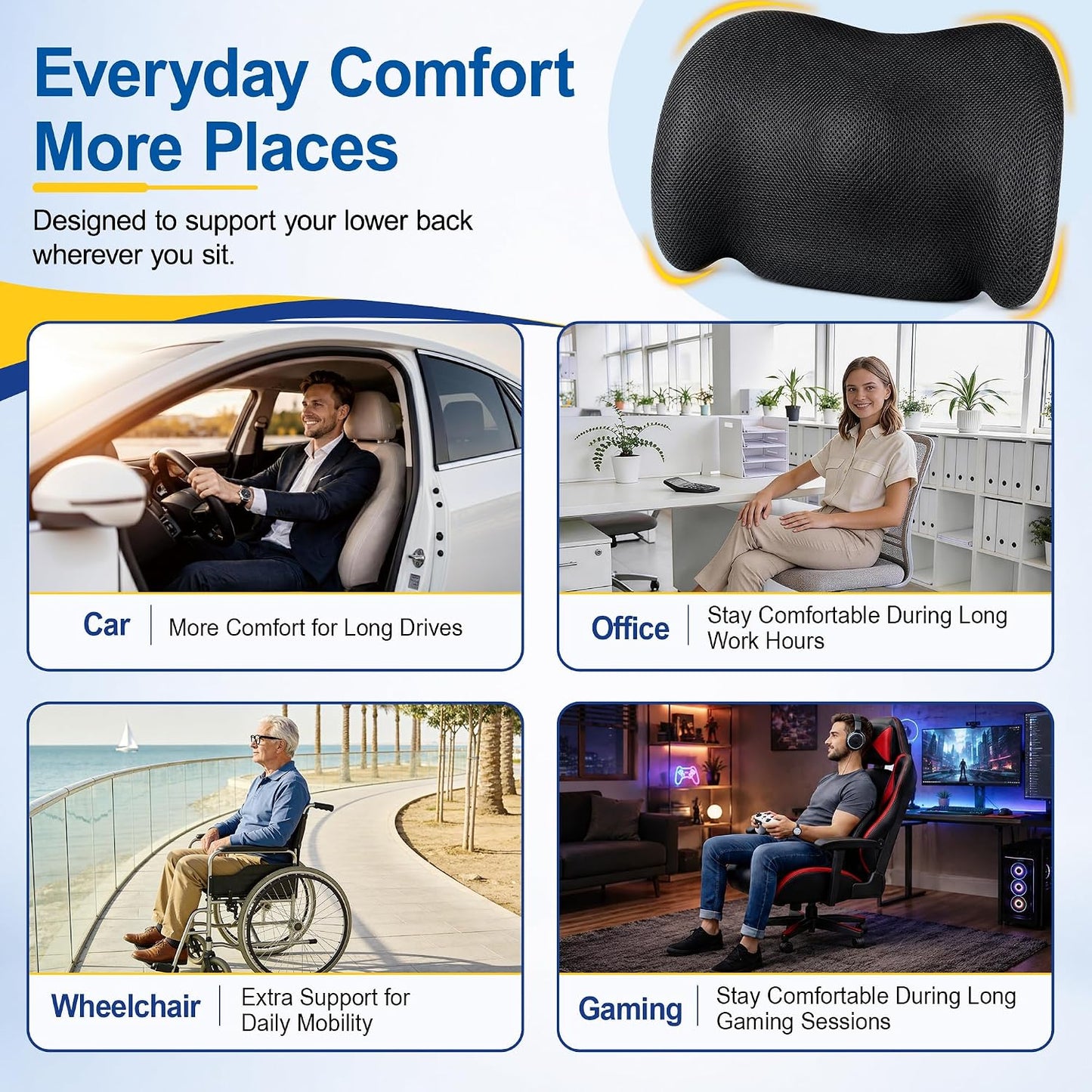 Lumbar Support Pillow for Car, Memory Foam, Black | Back Pain Relief, Adjustable Straps, Office Chair Compatible, Desk Chair Compatible