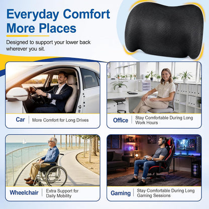 Lumbar Support Pillow for Car, Memory Foam, Black | Back Pain Relief, Adjustable Straps, Office Chair Compatible, Desk Chair Compatible