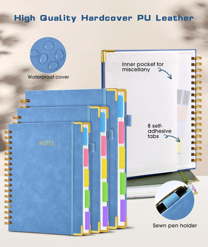 Hardcover Spiral Notebook journal with Removable Dividers Tabs, 300 Pages Leather 5 Subject Notebook College Ruled, 8"x10" Large B5 Notebooks for Work School Note taking, Lined Journal for Women,Black