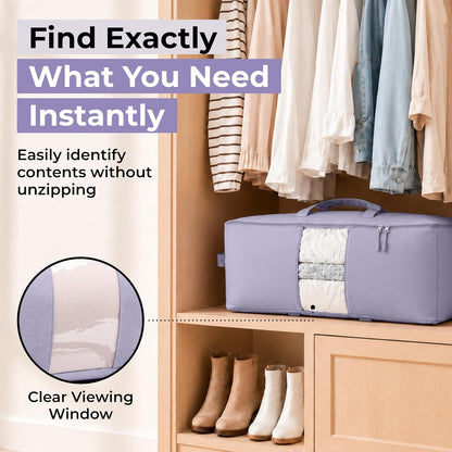 Soft Canvas Storage Bags with Zipper. Thick Breathable, 2pc King/Queen Comforter Organizer. Four Carrying Handles and Window. Large 25x19x9in Bag for Sheets Blankets Bedding Pillows, Clothes
