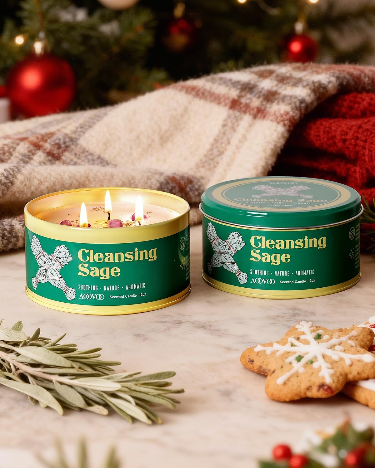 AOOVOO Sage Candle for Cleansing - 3 Wick 12oz Large Scented Candle with Crystals & Sage Leaves Inside, Soy Candles Non Toxic for Meditation Spiritual Gift, Aromatherapy Candle for Women Men