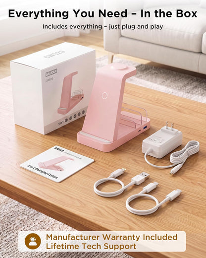 Wireless Charger for iPhone - 5 in 1 Charging Station for Multiple Devices Apple: Fast Wireless Charging Stand Dock for iPhone 17 16e 16 15 14 13 12 Pro Max Apple Watch Airpods