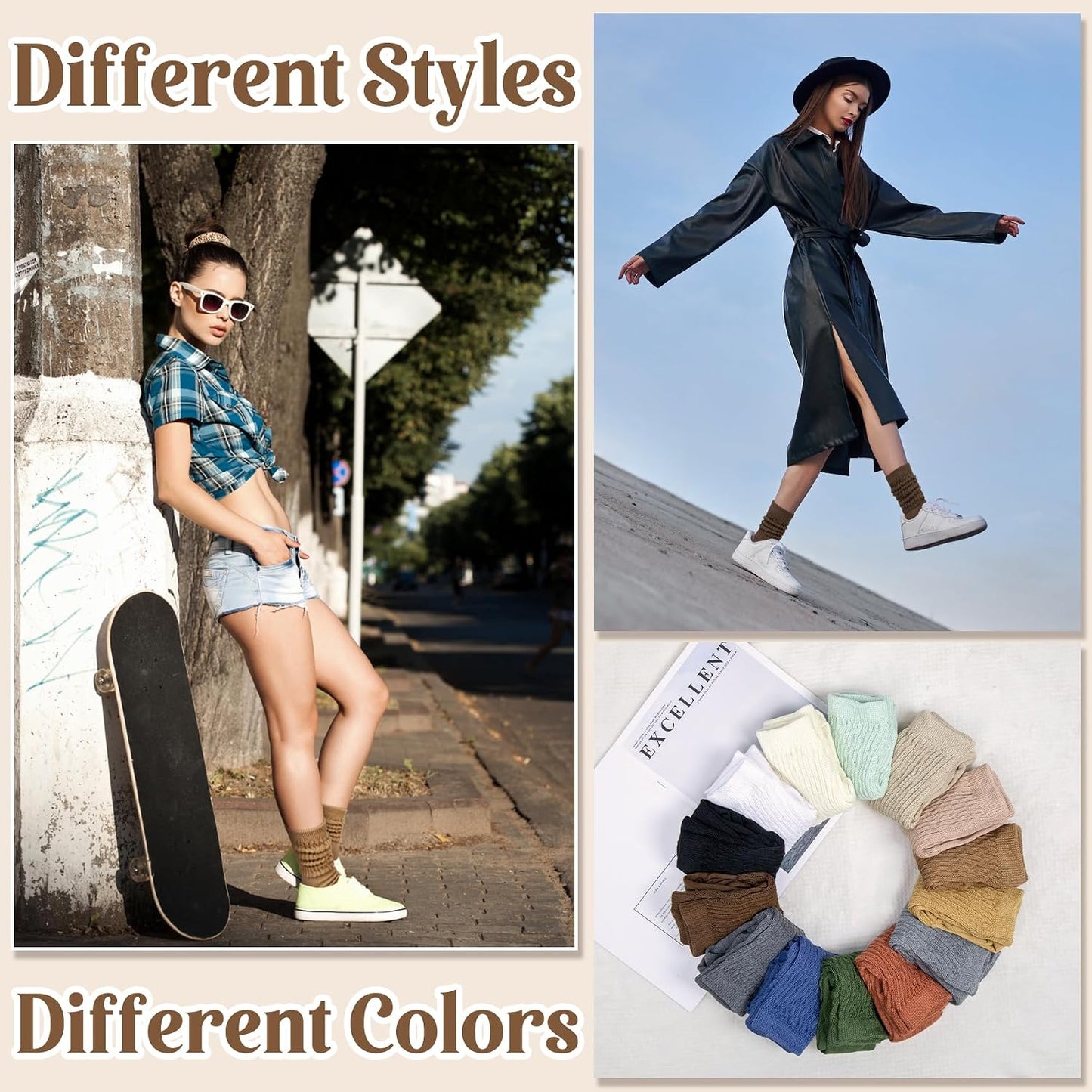 Justay 5 Pairs Slouchy Socks for Women - Slouch Long Crew Knit Boot Athletic Calf Tube Scrunch Socks