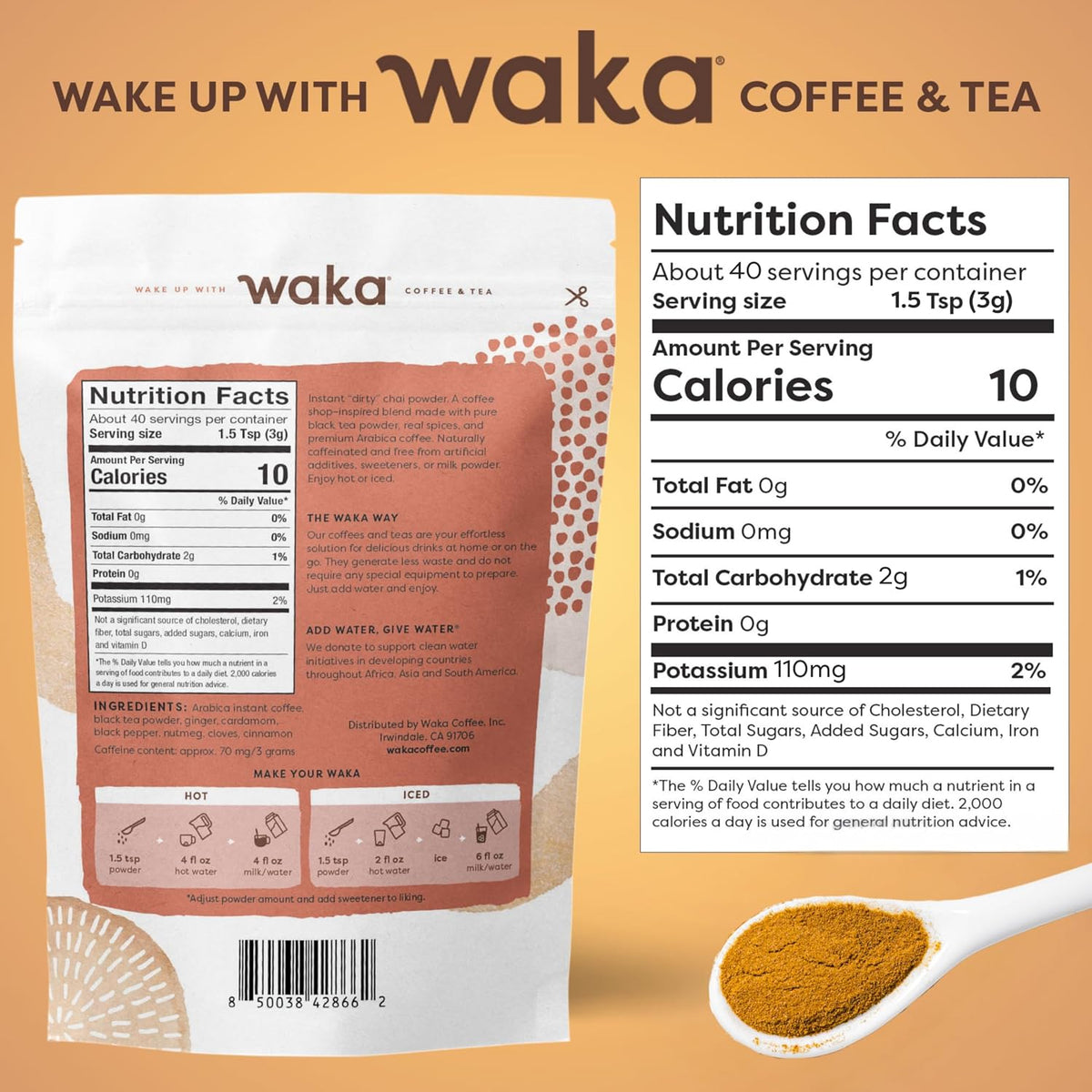 Waka Chai Powder Concentrate, Unsweetened Masala Chai, Sugar-Free, 4.5 oz
