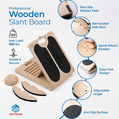Slant Board for Exercise, 3-in-1 Wooden Calf Stretcher, Rocker Balance Board and 360° Wobble Board, 5 Adjustable Angles, Anti-Slip Surface, Training Poster Included