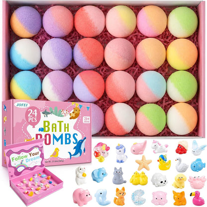 Bath Bombs for Kids with Surprise Inside, 24 Pack Kids Bath Bombs with Toys Inside Gift Set, Kid Bubble Bath Fizzy for Girls Boys with Bath Toys