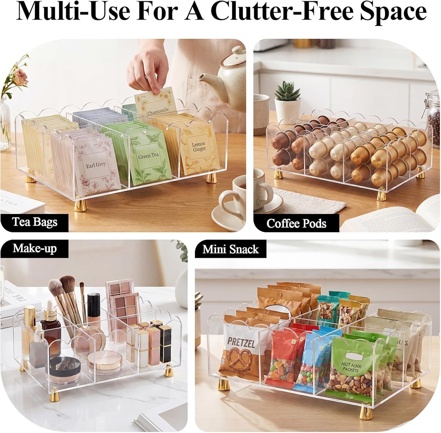 Acrylic Tea Bag Organizer, 6 Spacious Compartments Tea Bag Holder, Clear Scalloped Edge with Gold Accent Feet, Tea Storage Box for Countertop, Pantry, Cabinet, Sugar Packets