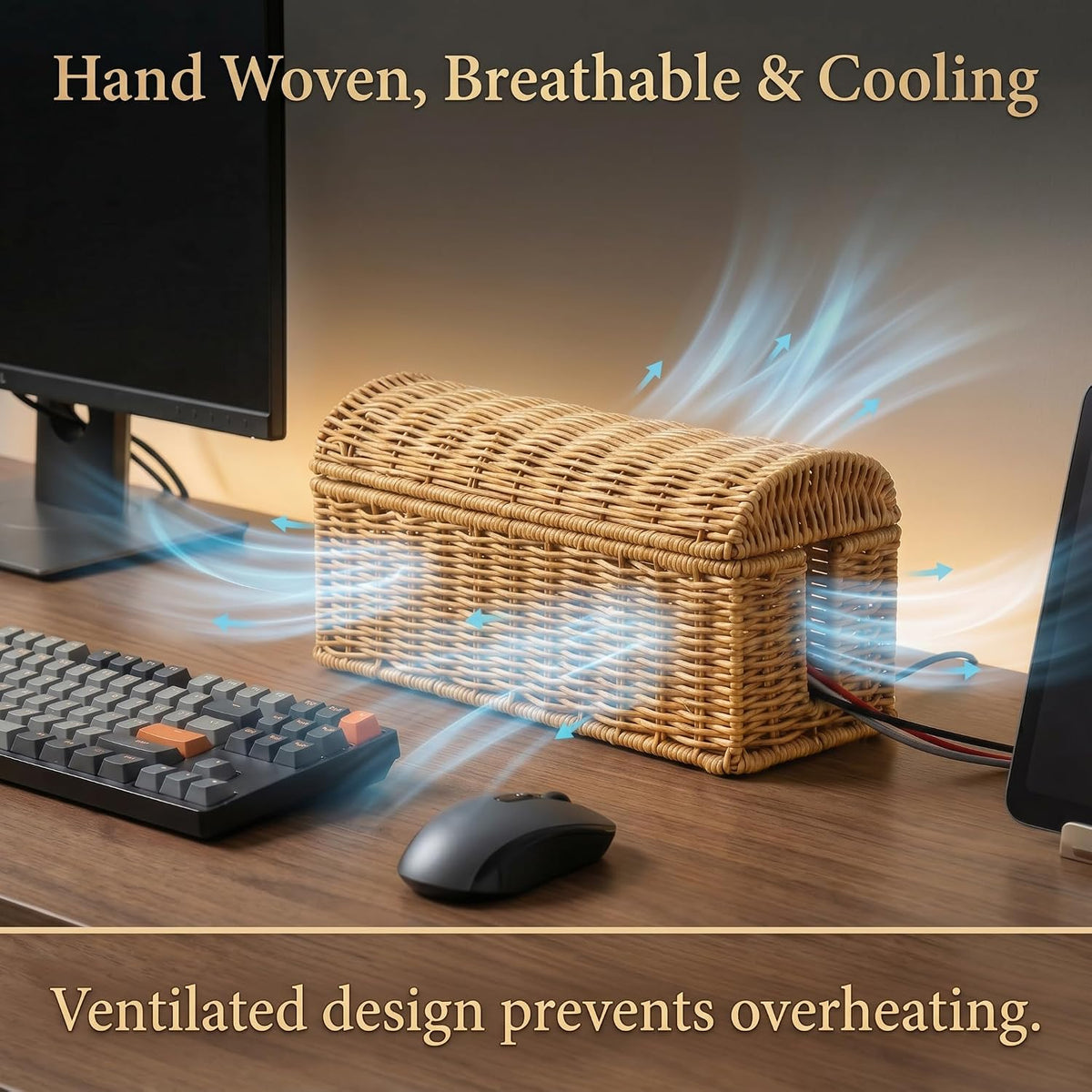 PP Rattan Cable Management Box to Hide Cords and Power Strip