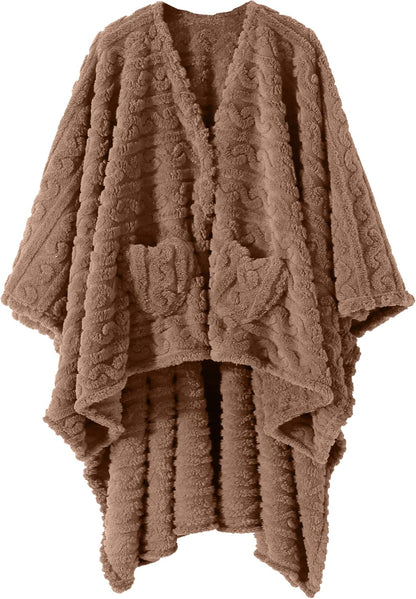 Wearable Blanket Poncho Cape Wrap for Adult, Cozy Sherpa Fleece Pocketed Shawl TV Throw Blankets for Office and Lounge(Purple,58'' x 64'')
