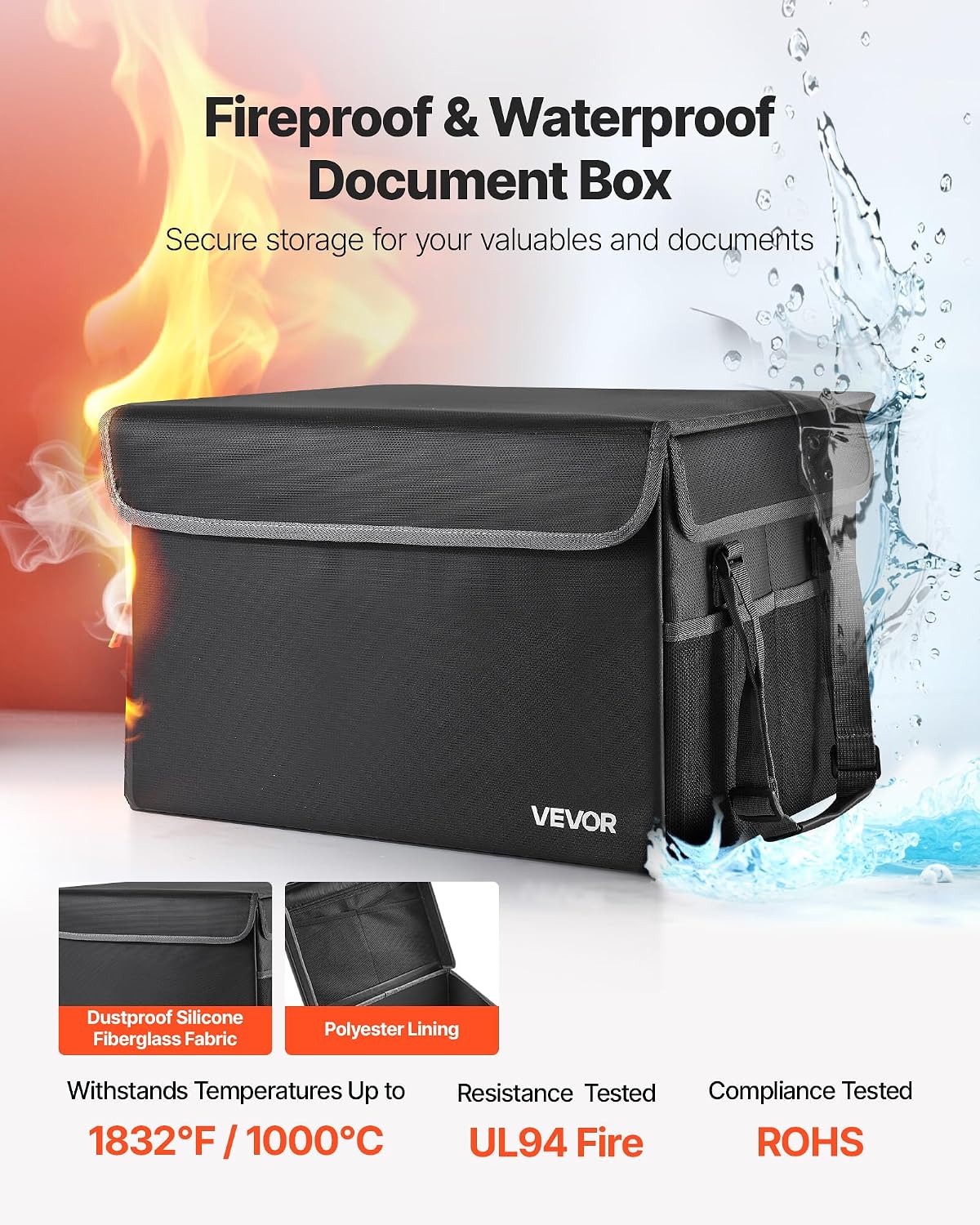 VEVOR Fireproof Document Bag, 1832 ℉ Heat Insulated Fireproof & Waterproof Bag, Portable Multi-Layer File Storage Security Organizer Home Office Travel Use, for Passports, Important Documents, Files