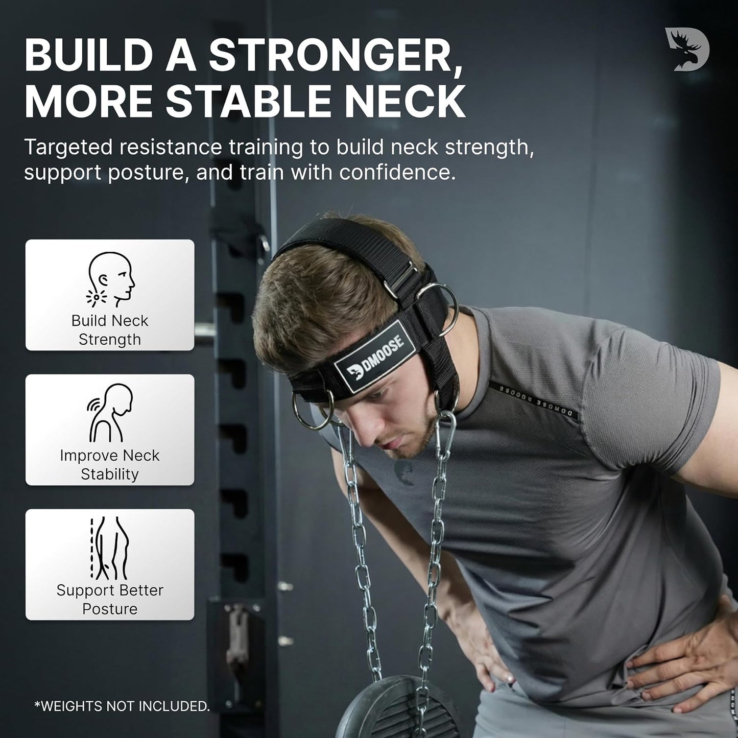 DMoose Fitness Neck Harness for Weight Lifting - Soft Padded Head & Chin Strap with 30" Heavy Duty Steel Chain - Neck Exerciser, Trainer & Strengthener to Support Injury Recovery and Intense Workouts