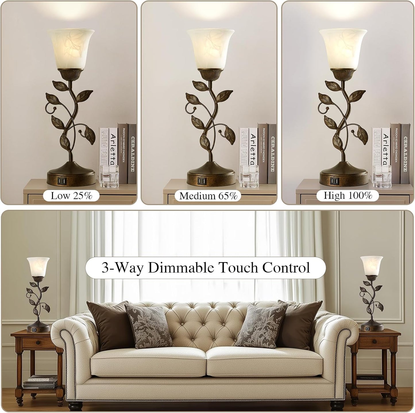 Touch Control Table Lamp with 2 USB Charging Ports, 3-Way Dimmable Bedside Nightstand Lamps, Amber Glass Shade Vintage Rural Leaf Lamp for Living Room, Bedroom, Dresser, LED Bulb Included (Bronze)