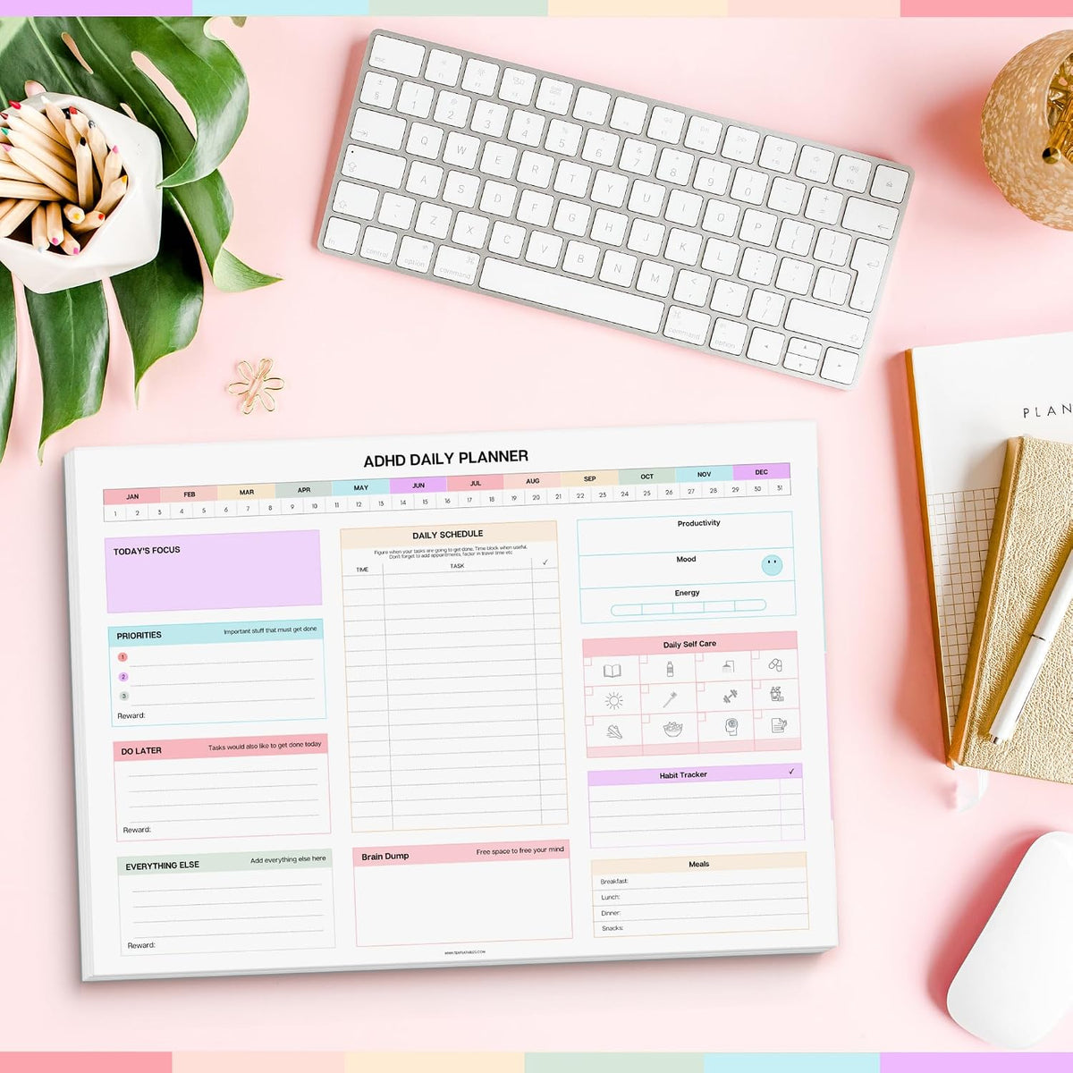 ADHD Daily Planner Notepad for Neurodivergent Adults - Productivity Daily Planner Desk Pad & Task Management to Stay Organized and Focused Note Pad (Rainbow, A4 Portrait)