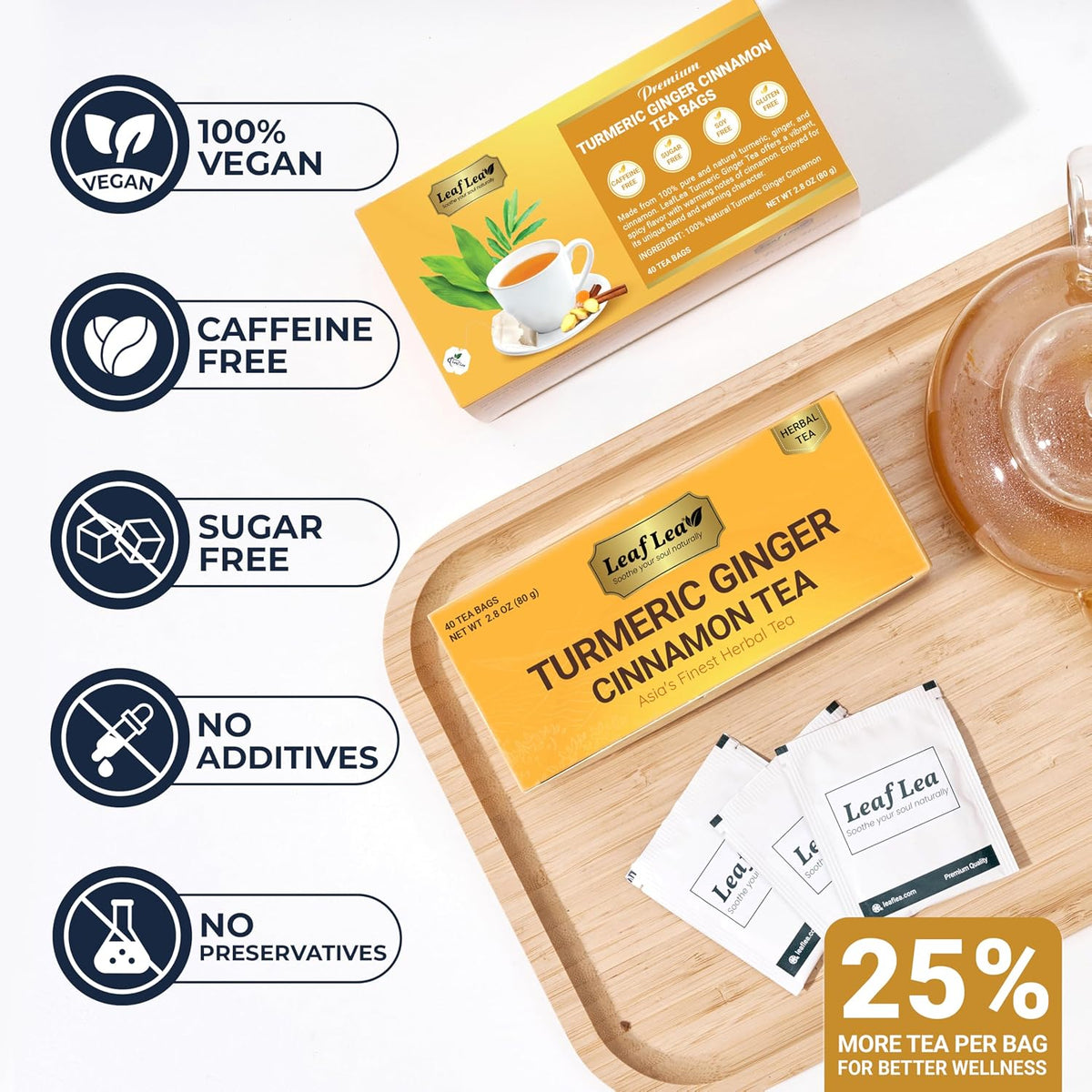 LeafLea Turmeric Ginger Cinnamon Tea Bags, 40 Ct Caffeine-Free Herbal Tea