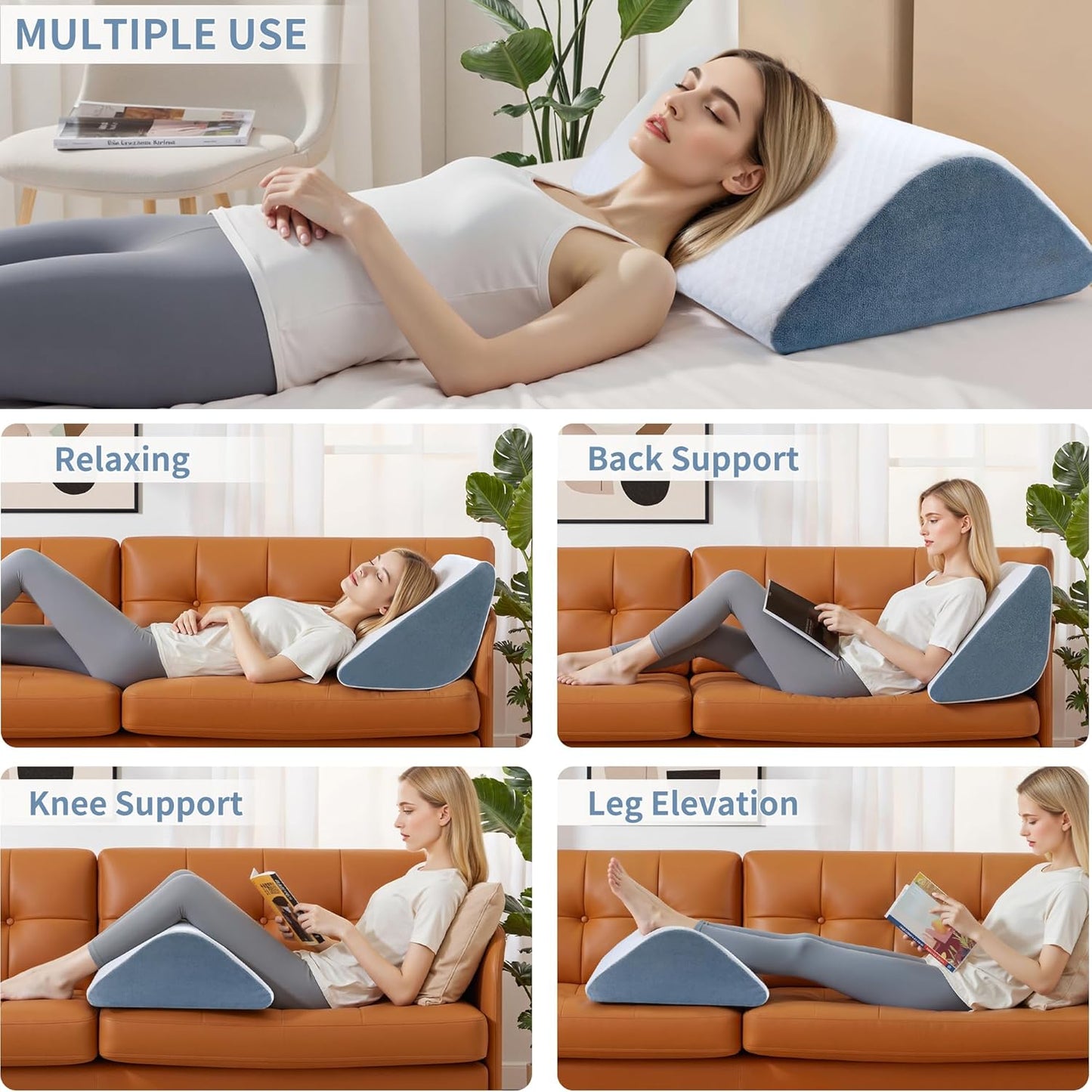 Knee Wedge Pillow, 8" Knee Pillow for Back Sleeping Leg Elevation Leg Pillow, Triangle Pillow for Legs Post Surgery, Knee Support, Hip Back Pain Relief