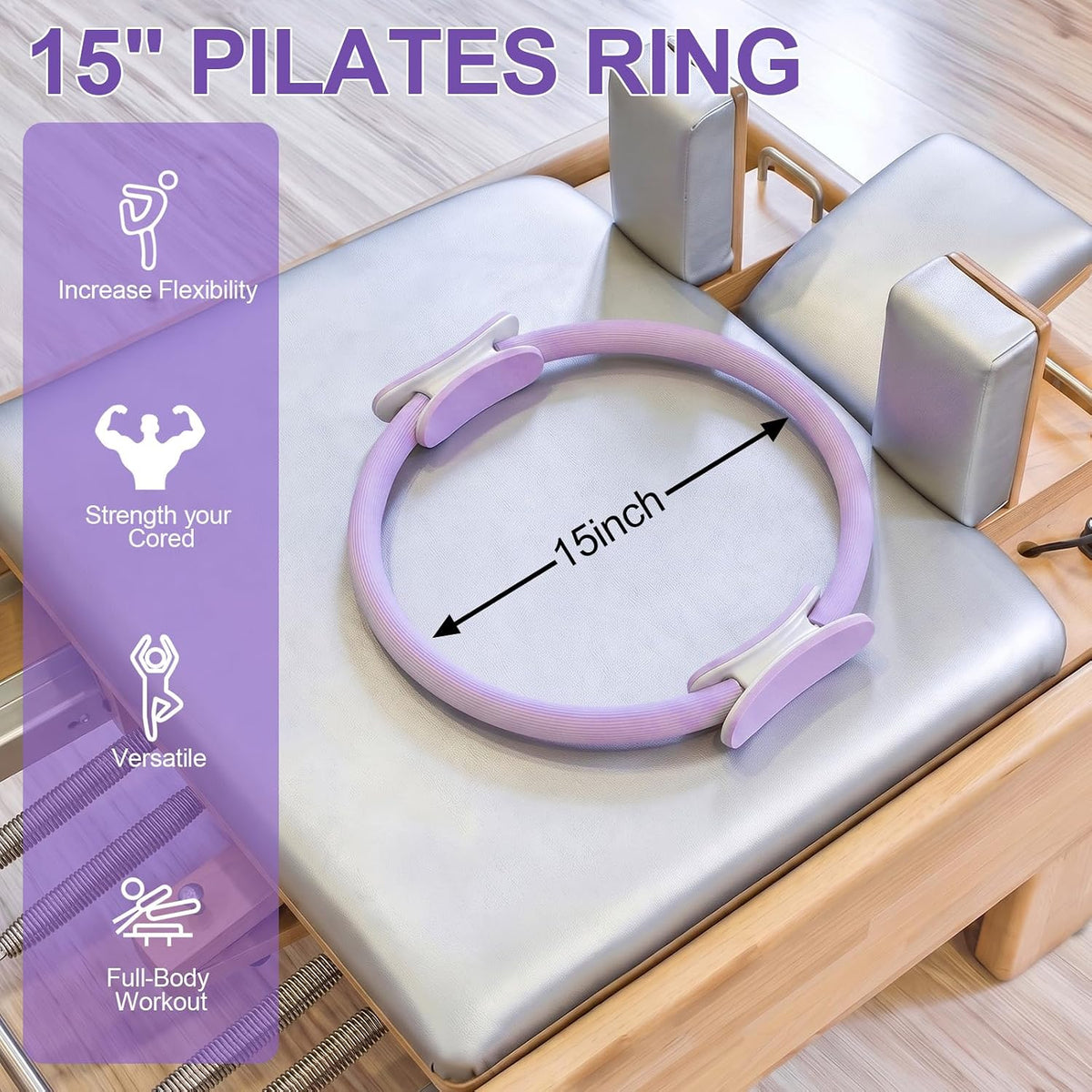 Pilates Ring 15 Inch Magic Circle Ring, Dual Padded Handles Pilates Exercise Circle, Adjustable Yoga Ring