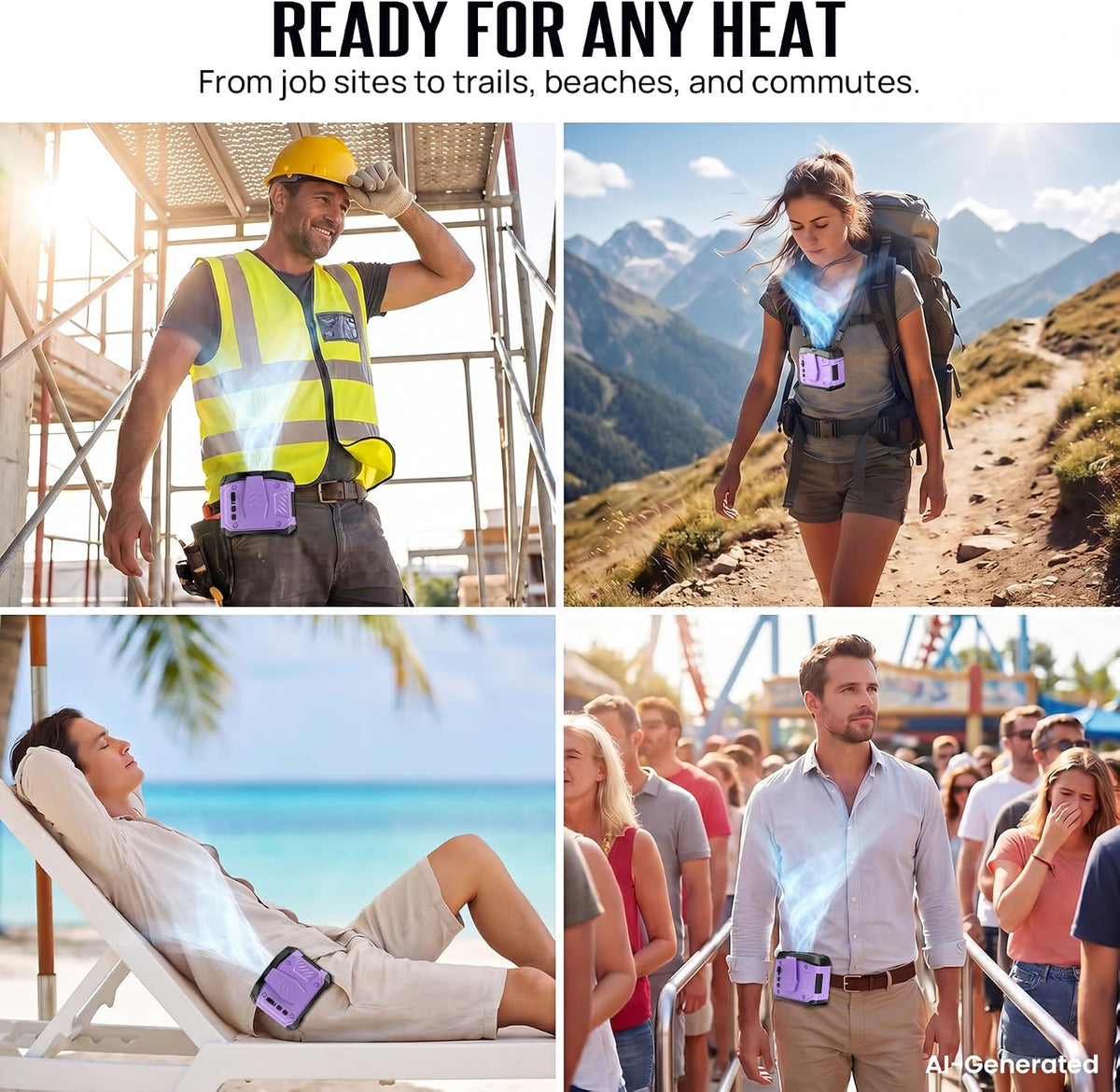 AJVV Portable Waist Fan Wearable Belt Fan Clip on Fan for Shirt, 40H Max Personal Cooling, for Camping, Outdoor, Jobsite, Travel (Off-white)