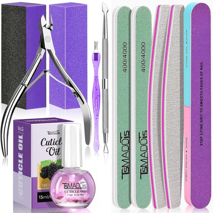 TsMADDTs Manicure Tools Kit Nail Care Kit with 3 pcs Files, 2 pcs Buffer Blocks, 2 Polishing Buffers, Cuticle Nipper, Pusher and Cuticle Oil