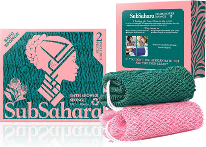 SubSahara Authentic African Net Sponge - 2 Pack Exfoliating Bath & Shower Loofah Sponge for Body & Face, Gentle Scrubber for All Skin Types, Travel, Durable Polyester (Olive Green & Light Green)