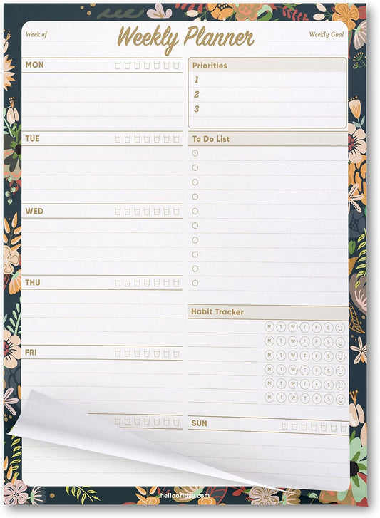 Oriday Weekly Planner Task Organizer Pad - 52 Sheets Undated Planning Tear-away Notepad (7.8" x 10" Dark Flower)