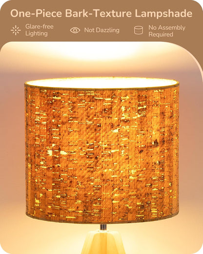 EDISHINE Tripod Table Lamp, Small Cute Bedside Lamp with Linen Beige Lampshade, Nightstand Lamp for Nursery, Bedroom, Kid Room, Living Room, Light Brown Wooden Base, E26 Socket, 14.2 Inch