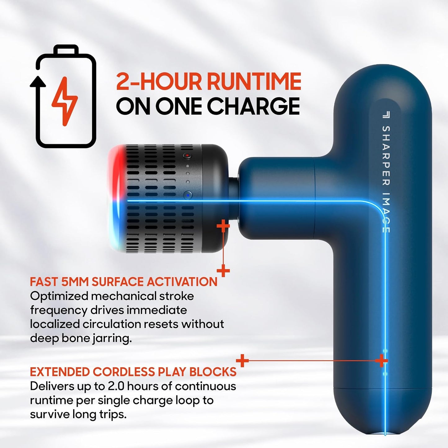 Sharper Image Deep Tissue Percussion Massage Gun, Powerboost Move Evo Hot & Cold Rechargeable Handheld Massager, 4 Adjustable Speeds, 5 Attachment Heads & Carrying Case, for Muscle Pain Relief, Blue