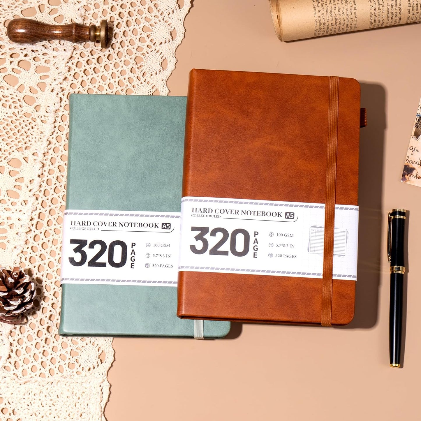 CAGIE Lined Journal Notebook for Women Men 320 Pages 100 Gsm Paper Thick Journaling Notebooks A5 Leather Journals for Writing Hardcover Journal Supplies for Work Note Taking Diary, 5.7x8.3 In, Green