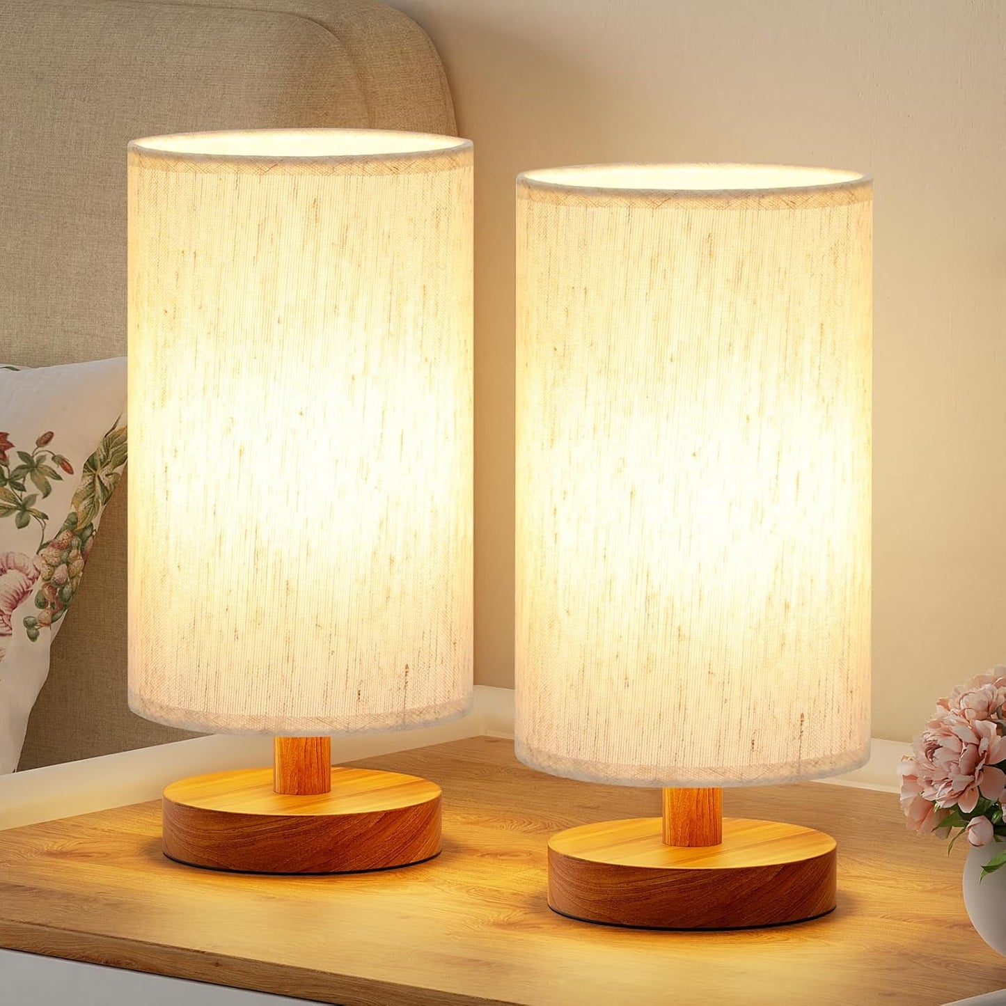 Fenmzee Small Table Lamp for Bedroom - Inline Control, Bedside Lamp with 3000K A15 LED Blub, Easy Assembly (Cream Shade - Wood Base, 9" Inline Control)