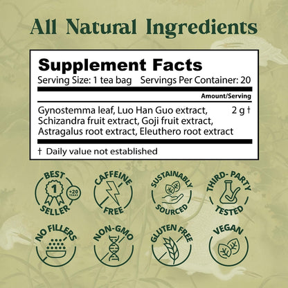 Dragon Herbs Spring Dragon Longevity Tea - Adaptogenic Gynostemma Leaf Herbal Tea Infused with Schizandra Berry, Goji Berry, Astragalus Root, Eleuthero Root, Luo Han Guo Fruit – Immune Support, Calming, Invigorating, Energy, Soothing, Digestion Support,