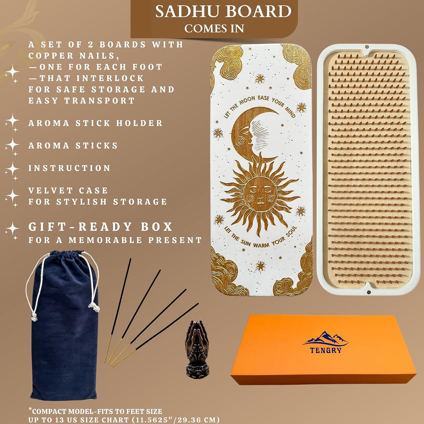 TENGRY Sadhu Board, Specially Crafted Aluminum & Copper Nails, Light Nail Board, 0.31 IN (8 mm), Beginners, Hexagon, Slim Sadhu Wood Board for Standing on Nails, Acupuncture Foot Massage, Yoga Gift