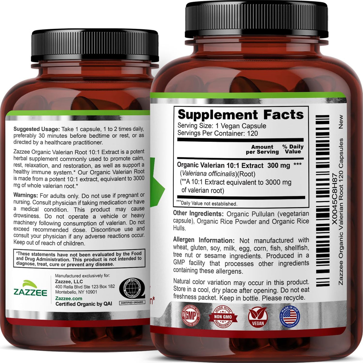 Zazzee USDA Organic Valerian Root 10:1 Extract, 120 Vegan Capsules
