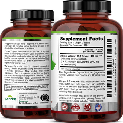 Zazzee USDA Organic Valerian Root 10:1 Extract, 120 Vegan Capsules